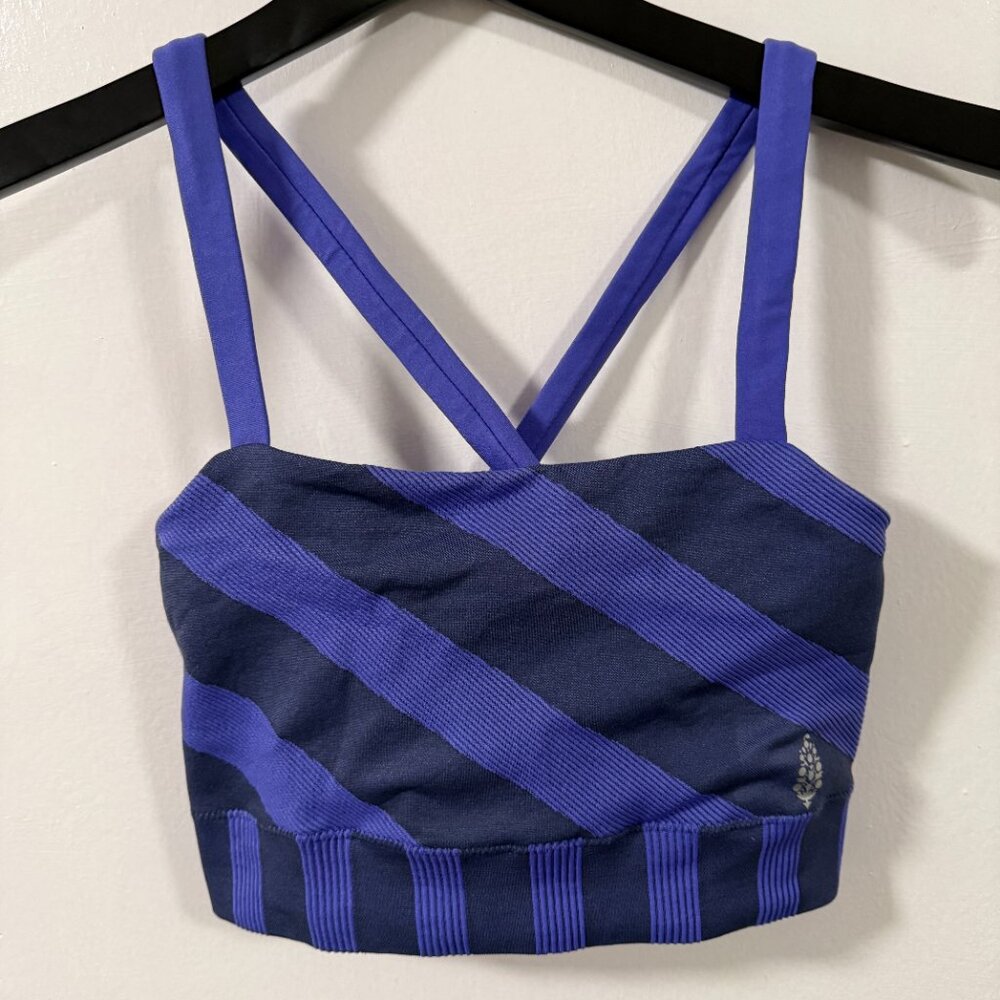 Free People Movement Purple Diagonal Stripe Stretch Crisscross Back Sports Bra